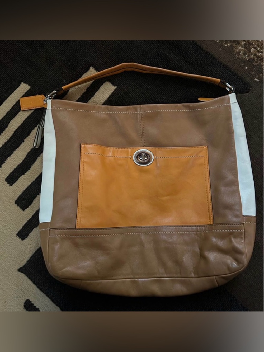 Coach Brown and Tan Leather Messenger Bag with White Accents